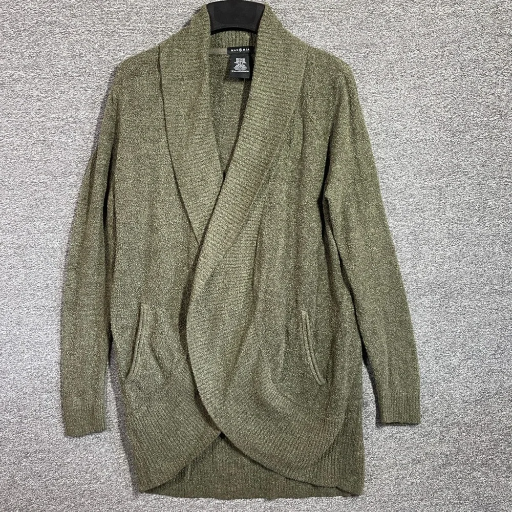 Max & Mia Cardigan Womens S Olive Green Shawl Collar Boucle Open Front